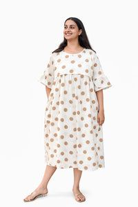 Brown Polka Dot Ivory Seer Sucker Feeding Maternity Gown With Two Side Horizontal Invisible Zip | Free Size | 44" length