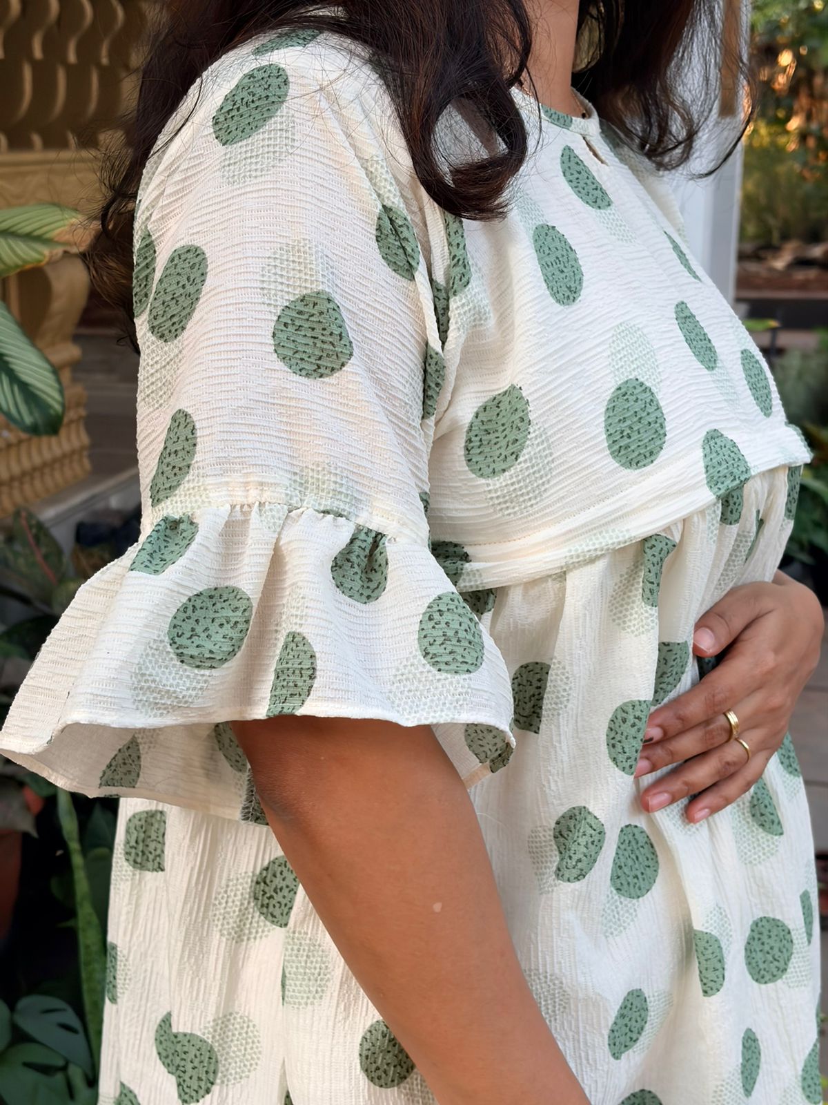 Green Polka Dot Ivory Seer Sucker Feeding Maternity Gown With Two Side Horizontal Invisible Zip | Free Size | 44" length