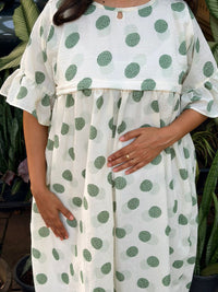 Green Polka Dot Ivory Seer Sucker Feeding Maternity Gown With Two Side Horizontal Invisible Zip | Free Size | 44" length