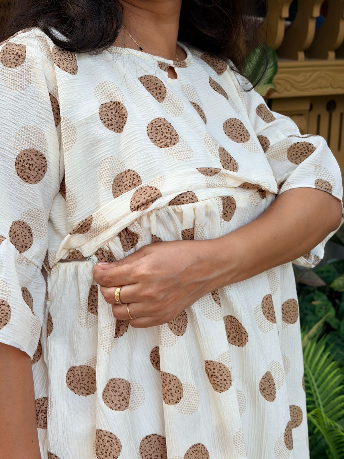 Brown Polka Dot Ivory Seer Sucker Feeding Maternity Gown With Two Side Horizontal Invisible Zip | Free Size | 44" length