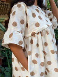 Brown Polka Dot Ivory Seer Sucker Feeding Maternity Gown With Two Side Horizontal Invisible Zip | Free Size | 44" length