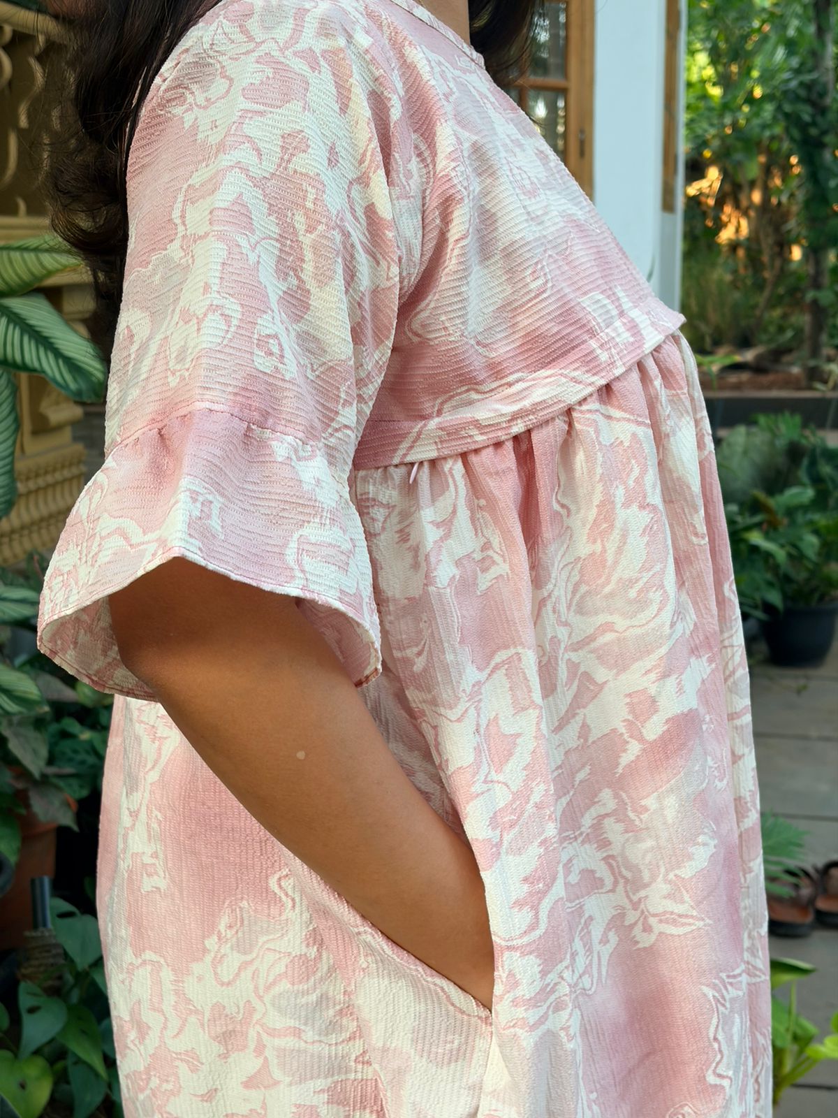 Pink Printed Seer Sucker Feeding Maternity Gown With Two Side Horizontal Invisible Zip | Free Size | 44" length