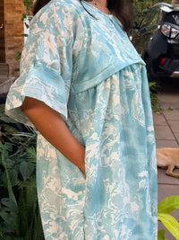 Blue Printed Seer Sucker Feeding Maternity Gown With Two Side Horizontal Invisible Zip | Free Size | 44" length