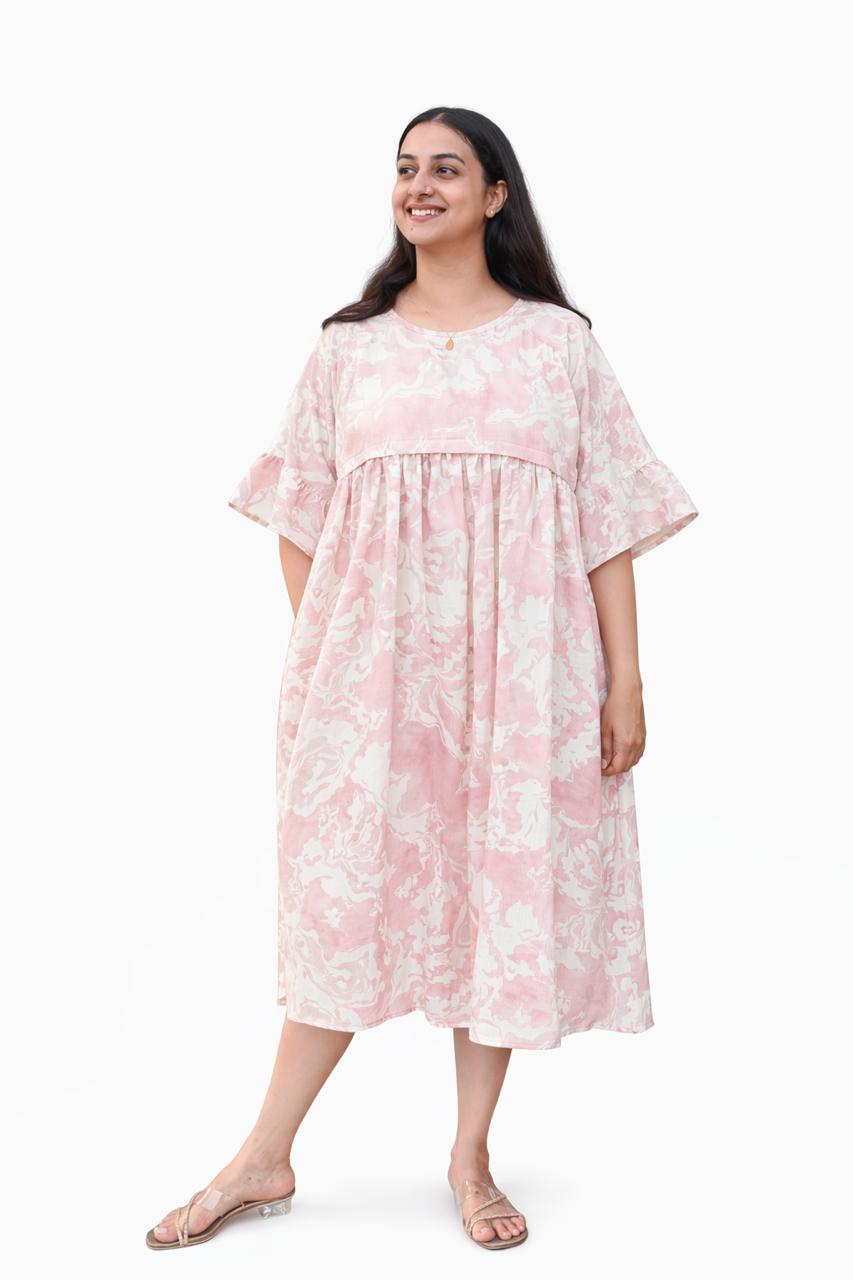 Pink Printed Seer Sucker Feeding Maternity Gown With Two Side Horizontal Invisible Zip | Free Size | 44" length