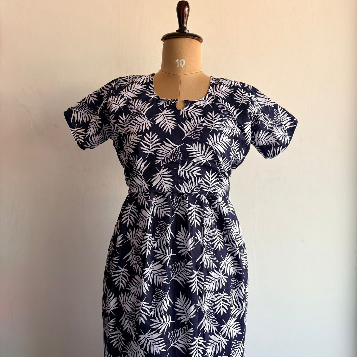 Navy Blue Leaf Printed Premium Cotton Buttonless Zipless Short Maternity Nighty | Free Size | Chest Width 44″| Length 46″