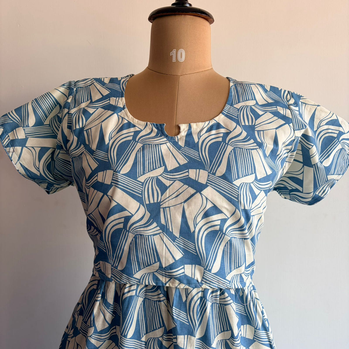 Blue And Cream Printed Premium Cotton Buttonless Zipless Short Maternity Nighty | Free Size | Chest Width 44″| Length 46″