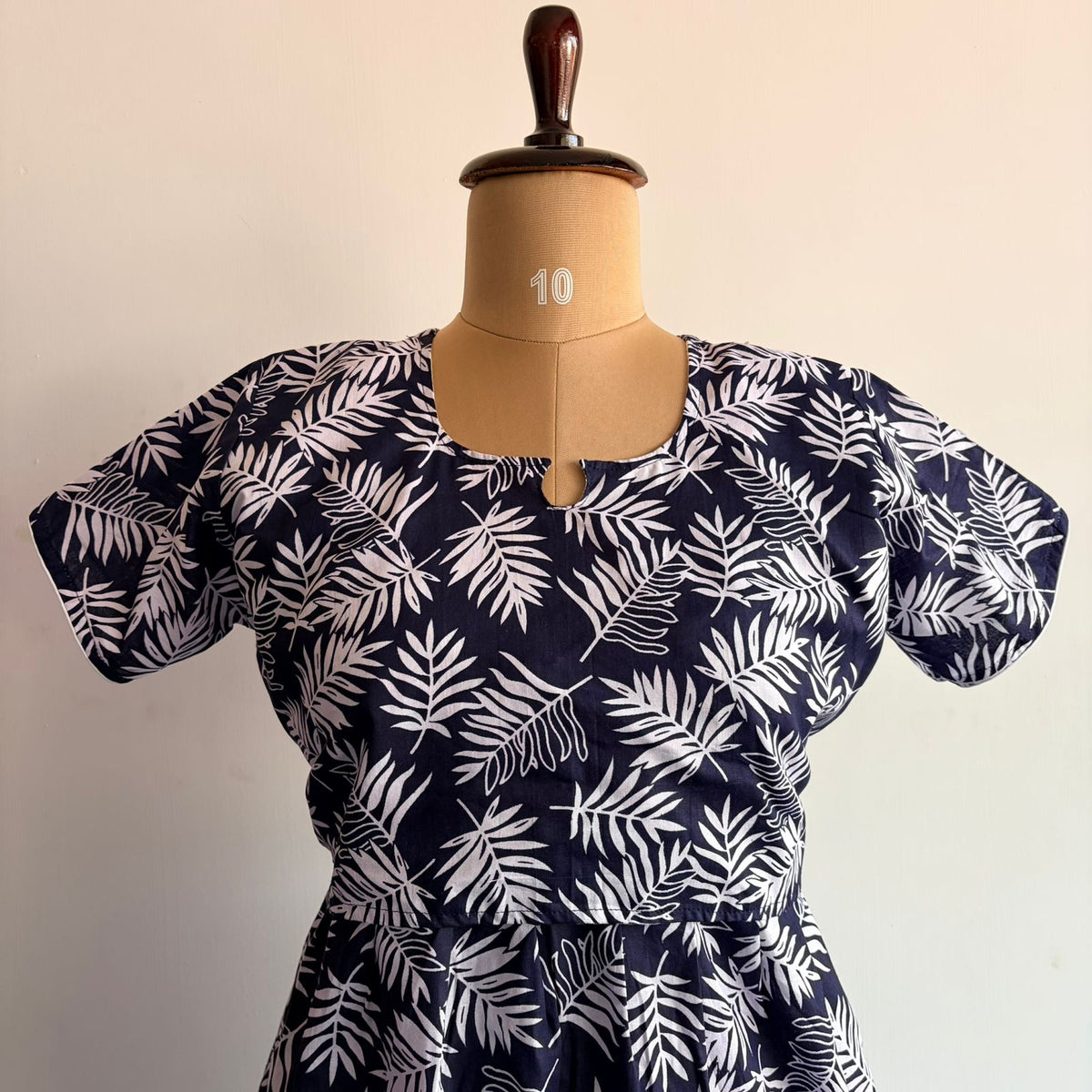 Navy Blue Leaf Printed Premium Cotton Buttonless Zipless Short Maternity Nighty | Free Size | Chest Width 44″| Length 46″
