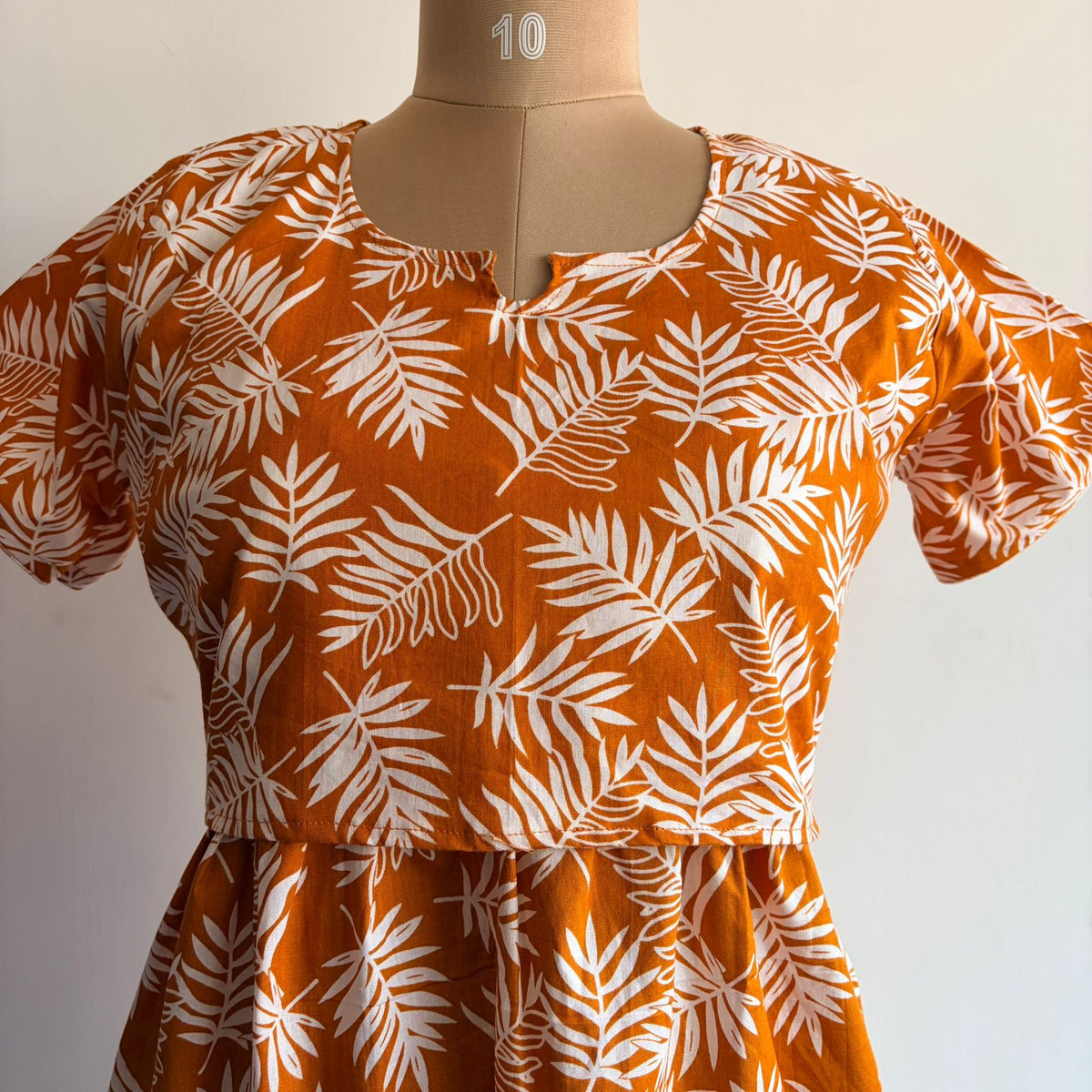 Tangerine Orange Leaf Printed Premium Cotton Buttonless Zipless Short Maternity Nighty | Free Size | Chest Width 44″| Length 46″