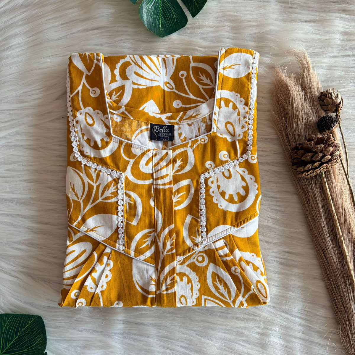 Mustard Yellow Printed Premium Cotton Long Zip Lace Feeding Nighty | Free Size | Chest Width 44″| Length 56″