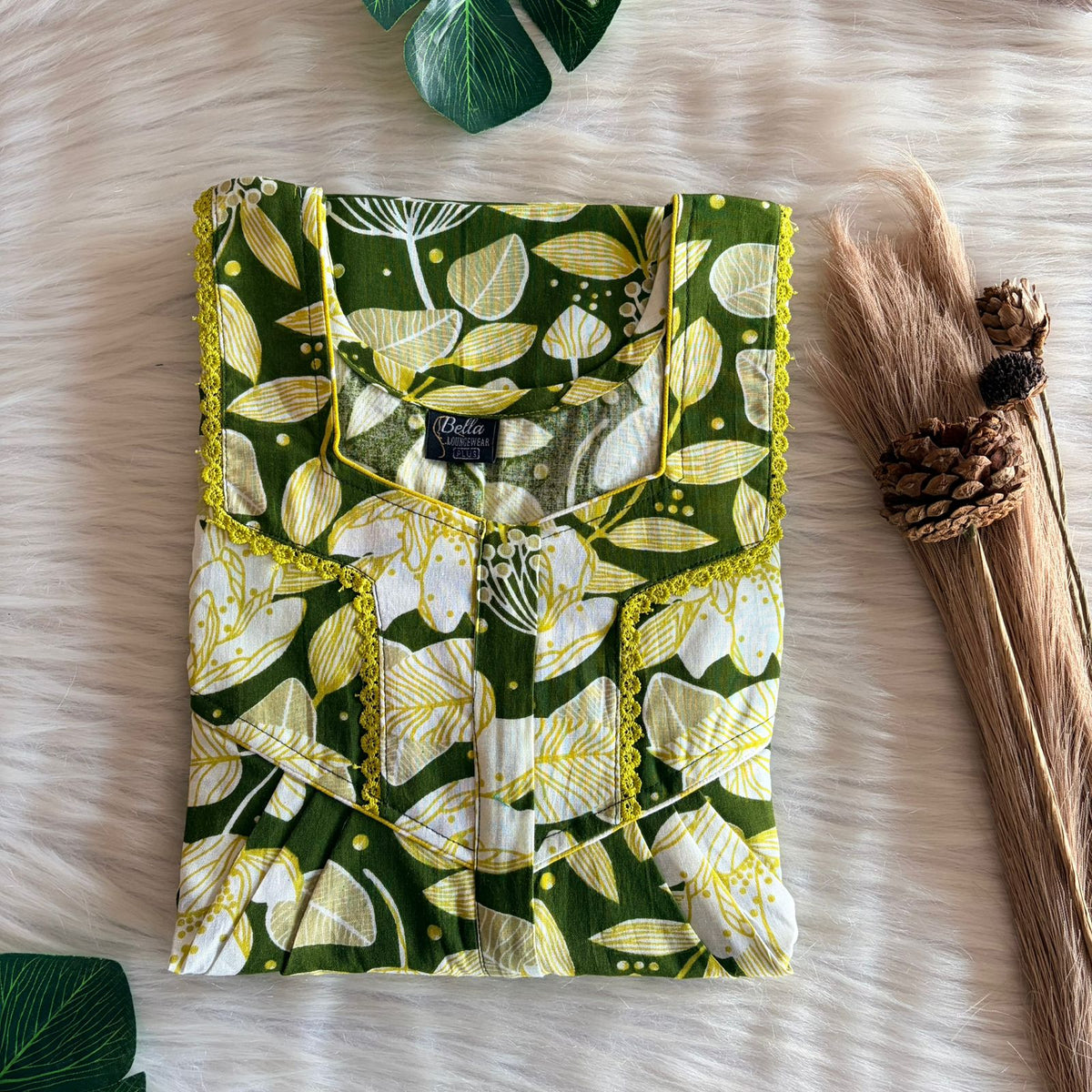 Green And Yellow Leaf Printed Premium Cotton Long Zip Lace Feeding Nighty | Free Size | Chest Width 44″| Length 56″