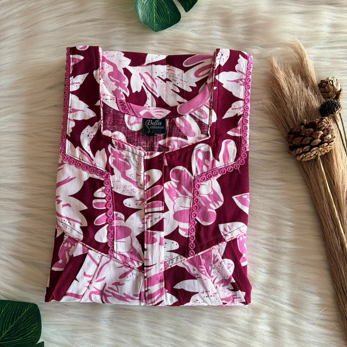 Maroon And White Printed Premium Cotton Long Zip Lace Feeding Nighty | Free Size | Chest Width 44″| Length 56″
