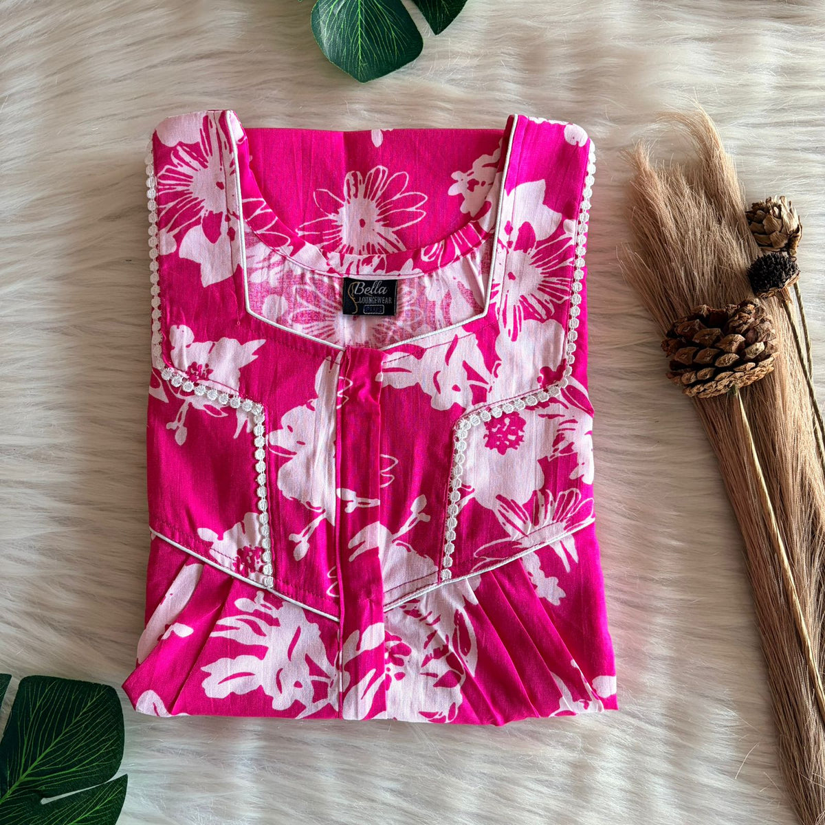Pink And White Floral Printed Premium Cotton Long Zip Lace Feeding Nighty | Free Size | Chest Width 44″| Length 56″