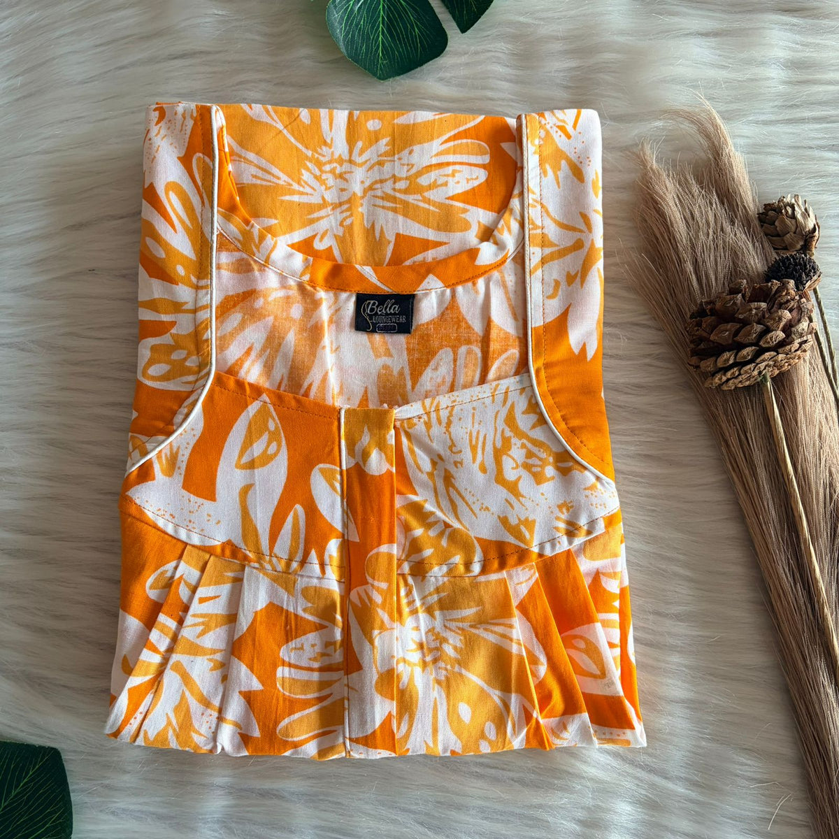 Tango Orange Premium Cotton Pleated Zip Nighty | Free Size | Chest Width 44″| Length 54″-55″