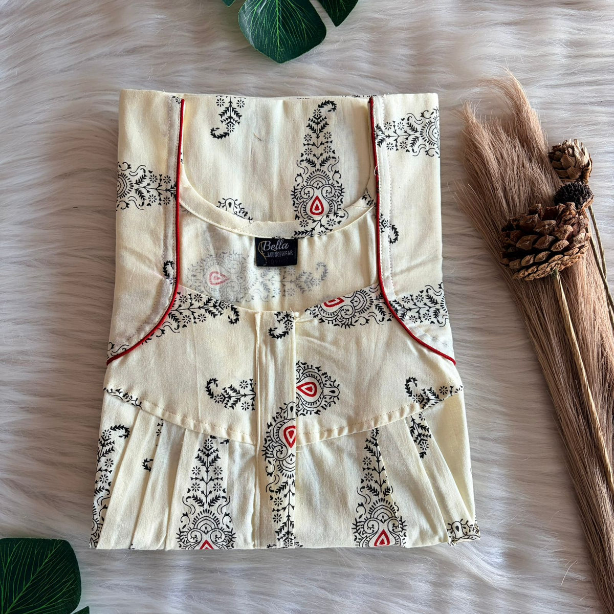 Ivory Premium Cotton Pleated Zip Nighty | Free Size | Chest Width 44″| Length 54″-55″