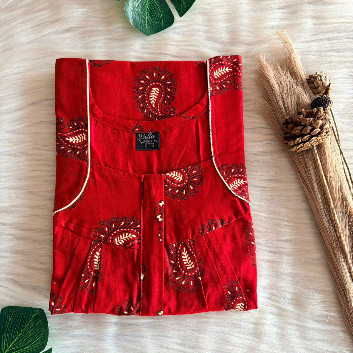 Red Premium Cotton Pleated Zip Nighty | Free Size | Chest Width 44″| Length 54″-55″