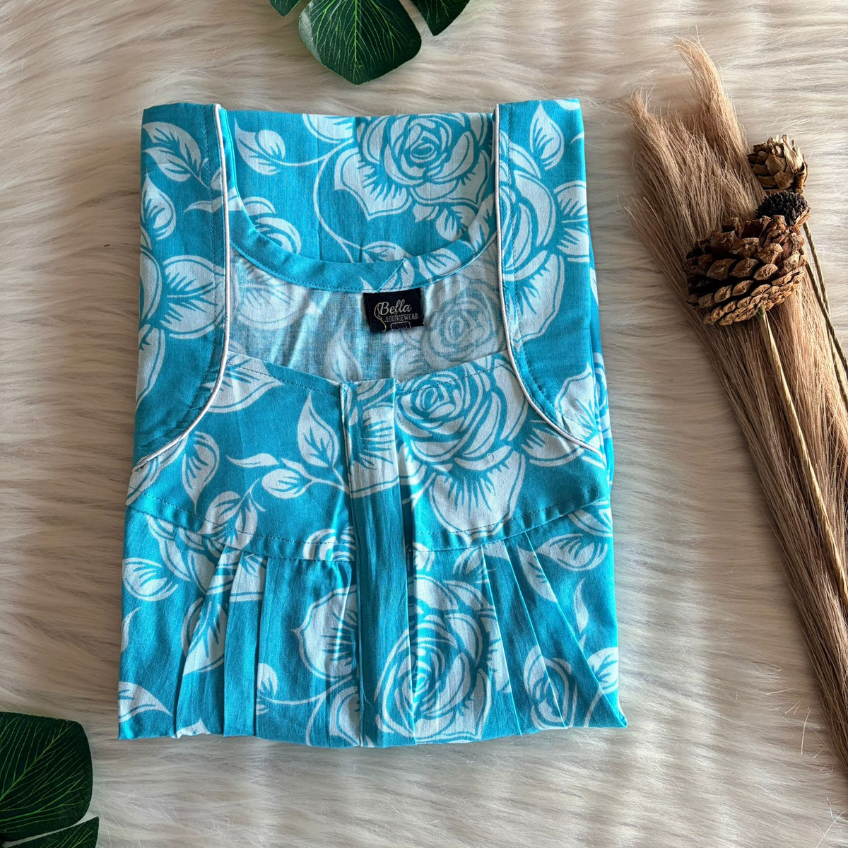 Aqua Blue Premium Cotton Pleated Zip Nighty | Free Size | Chest Width 44″| Length 54″-55″