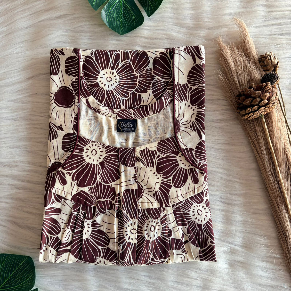 Coffee Brown Floral Premium Cotton Pleated Zip Nighty | Free Size | Chest Width 44″| Length 54″-55″