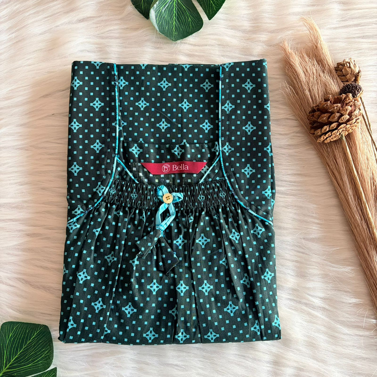 Green Printed Premium Cotton Front Elastic Pleated Nighty | Free Size | Chest Width 44″| Length 56″