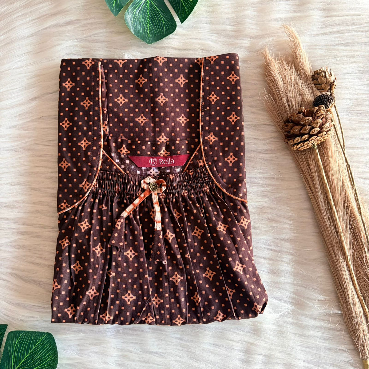 Coffee Brown Printed Premium Cotton Front Elastic Pleated Nighty | Free Size | Chest Width 44″| Length 56″