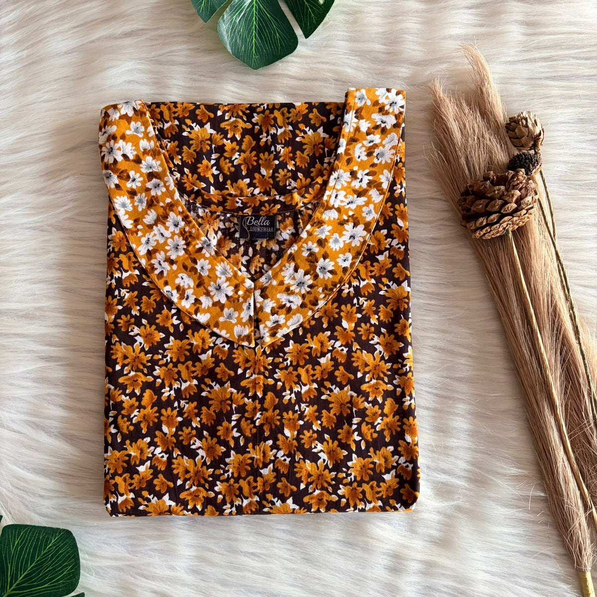 White And Brown Floral Printed Premium Cotton Peter Pan Collar Nighty | Free Size | Chest Width 44″| Length 55″-56″