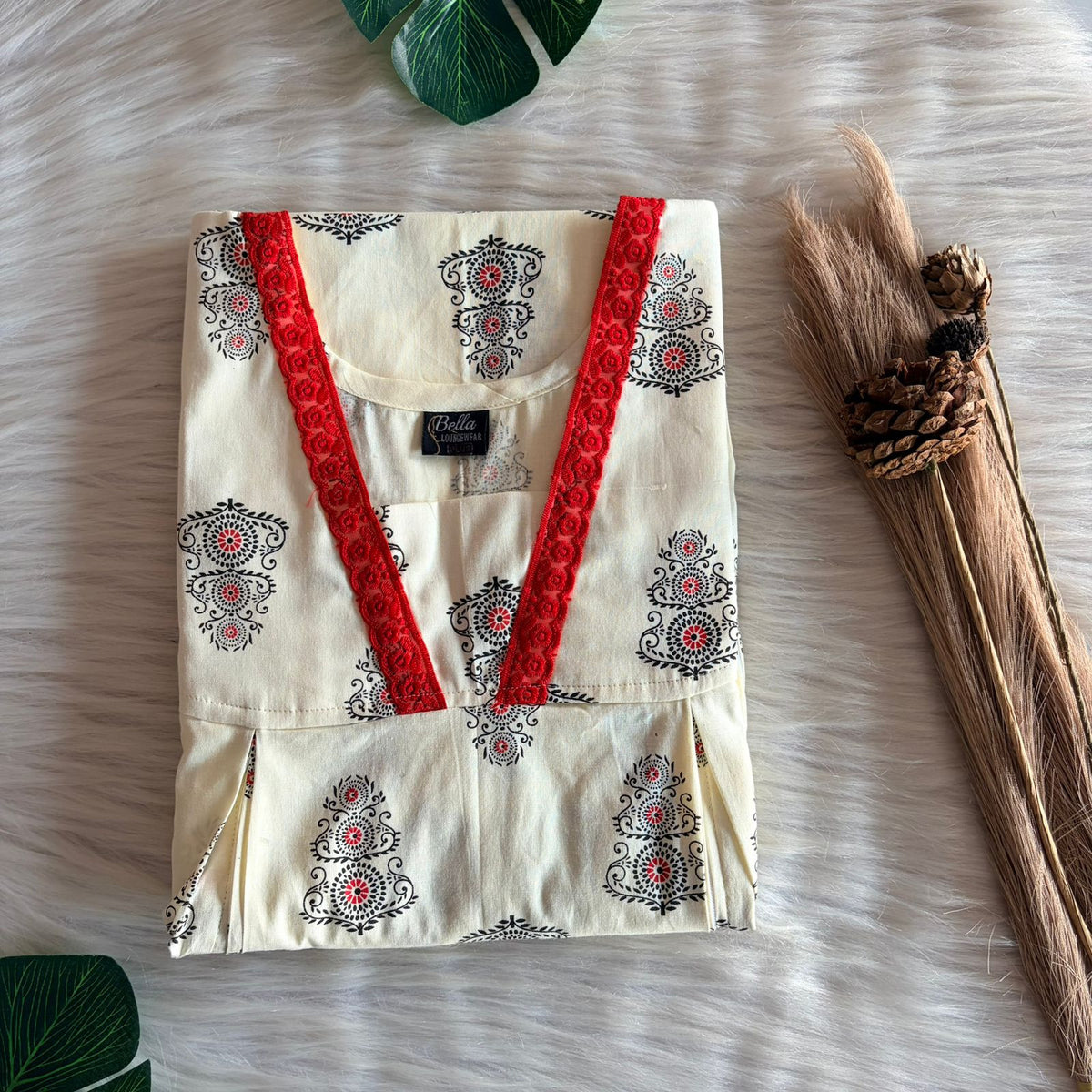 Ivory Kalamkari Printed Premium Cotton Two Side Vertical Lace Zip Feeding Nighty | Free Size | Chest Width 44″| Length 56″