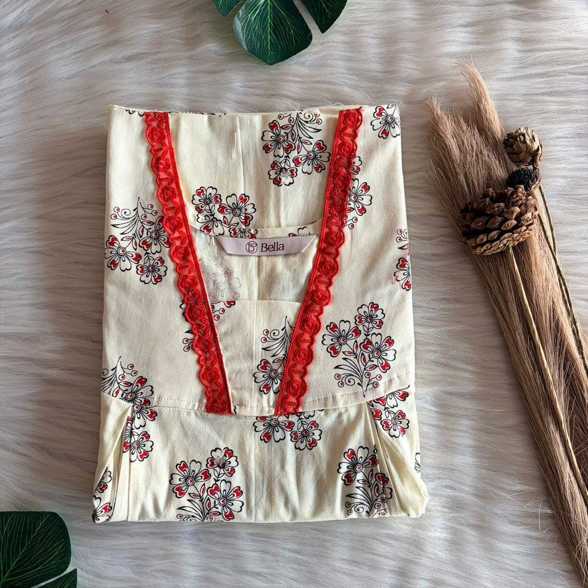 Red Floral Printed Ivory Premium Cotton Two Side Vertical Lace Zip Feeding Nighty | Free Size | Chest Width 44″| Length 56″