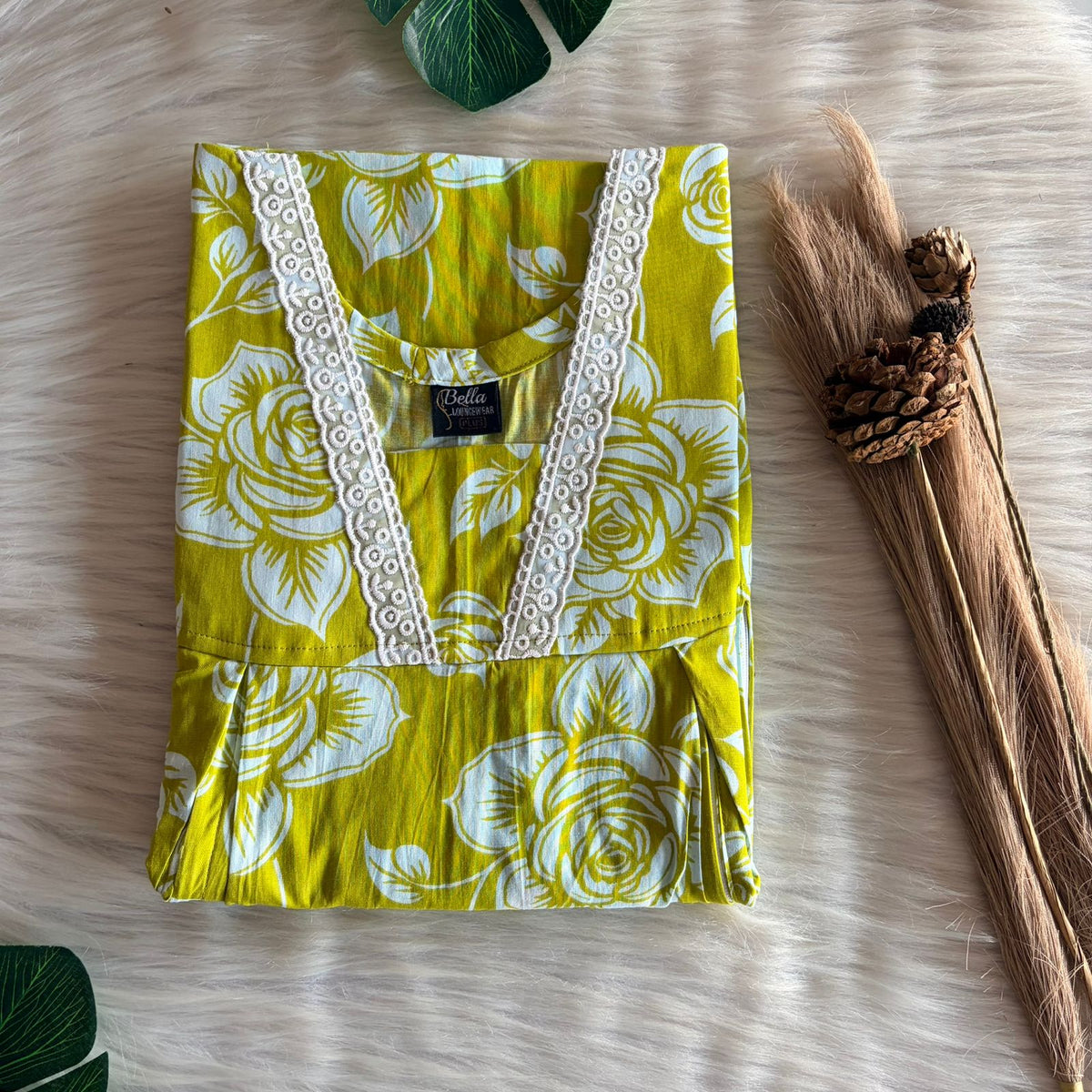Pista Green Printed Premium Cotton Two Side Vertical Lace Zip Feeding Nighty | Free Size | Chest Width 44″| Length 56″