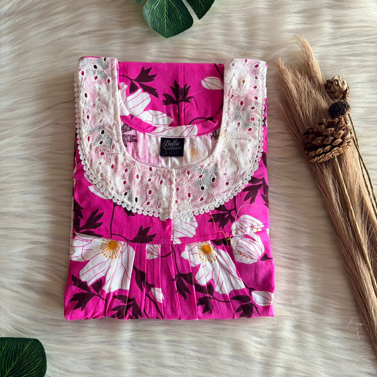 Pink And White Floral Printed Premium Cotton Hakoba Lace Nighty | Free Size | Chest Width 44″| Length 54″-56″