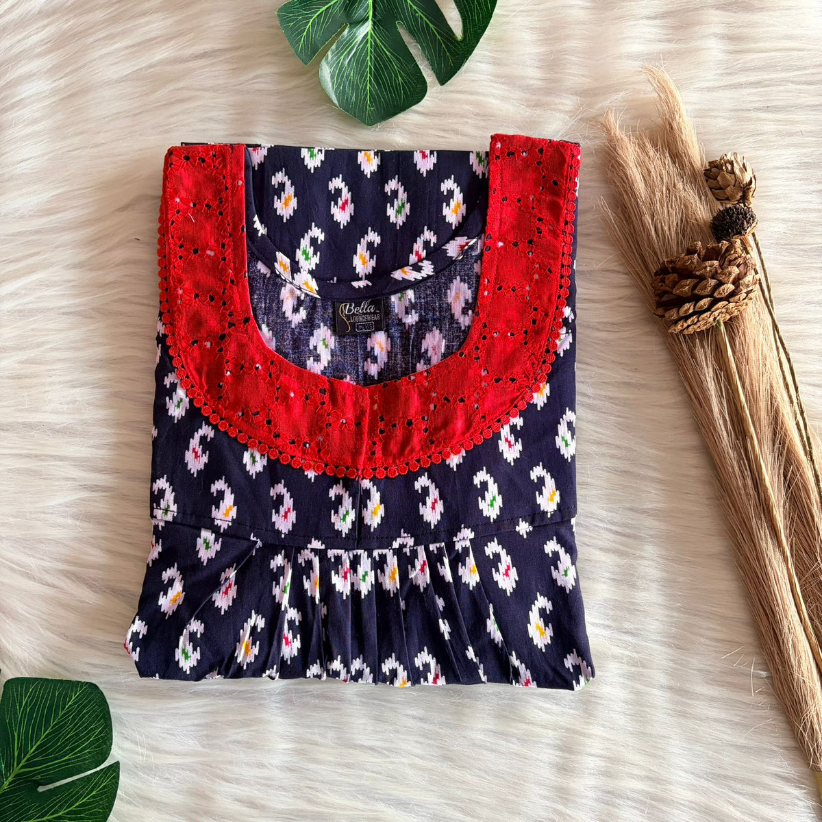 Navy Blue Printed Premium Cotton Hakoba Lace Nighty | Free Size | Chest Width 44″| Length 54″-56″