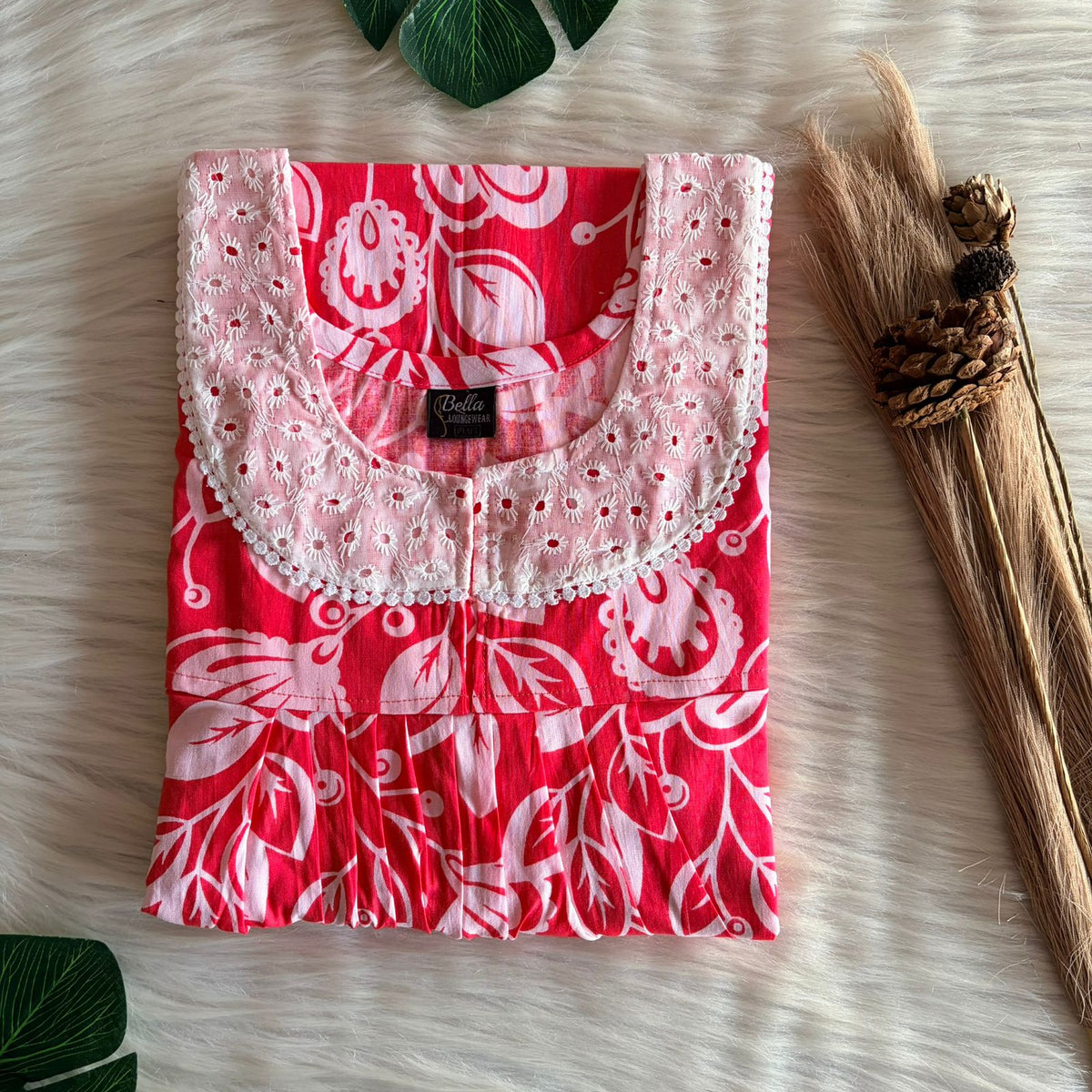 Peach And White Printed Premium Cotton Hakoba Lace Nighty | Free Size | Chest Width 44″| Length 54″-56″