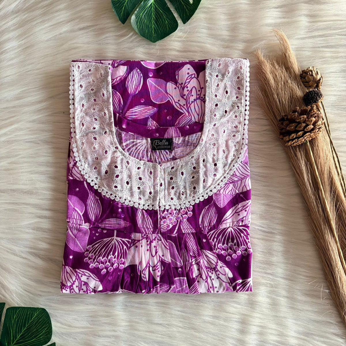 Purple Leaf Printed Premium Cotton Hakoba Lace Nighty | Free Size | Chest Width 44″| Length 54″-56″