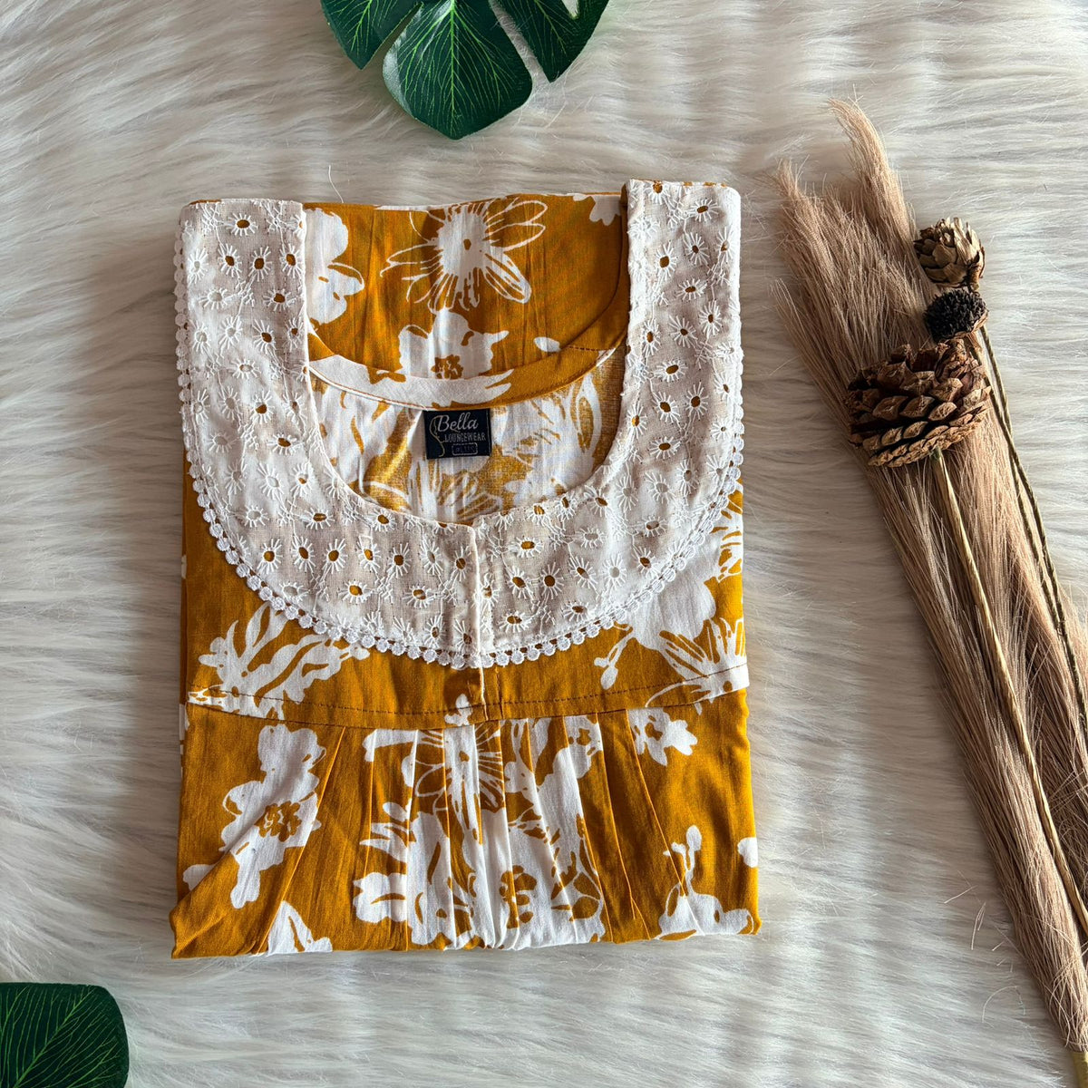 Mustard Yellow Floral Printed Premium Cotton Hakoba Lace Nighty | Free Size | Chest Width 44″| Length 54″-56″