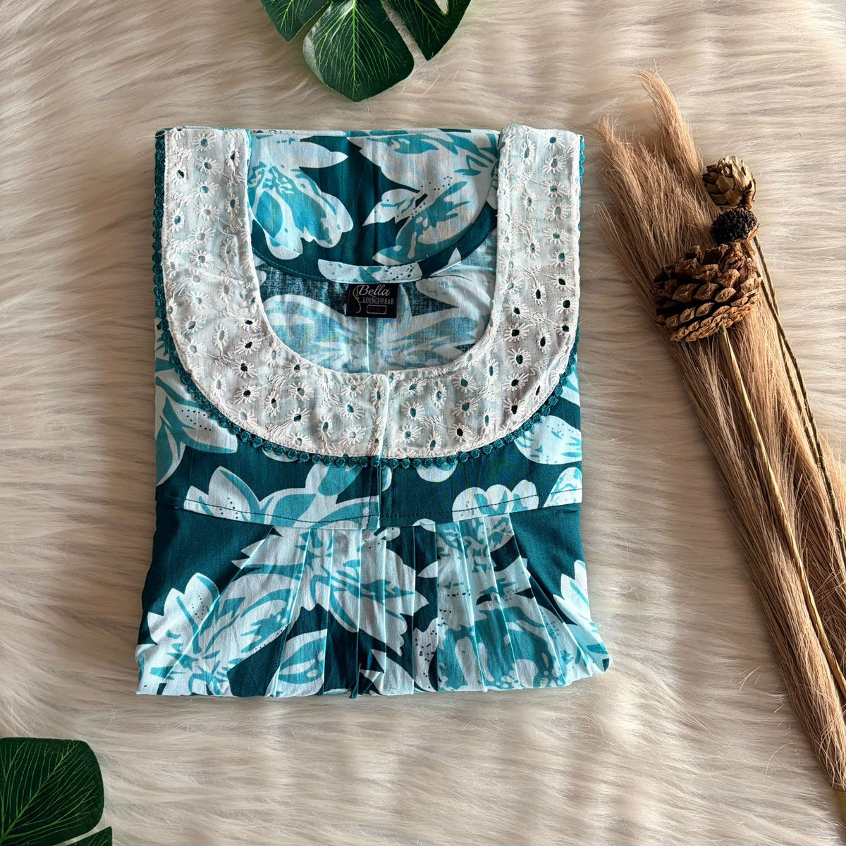 Green And White Printed Premium Cotton Hakoba Lace Nighty | Free Size | Chest Width 44″| Length 54″-56″