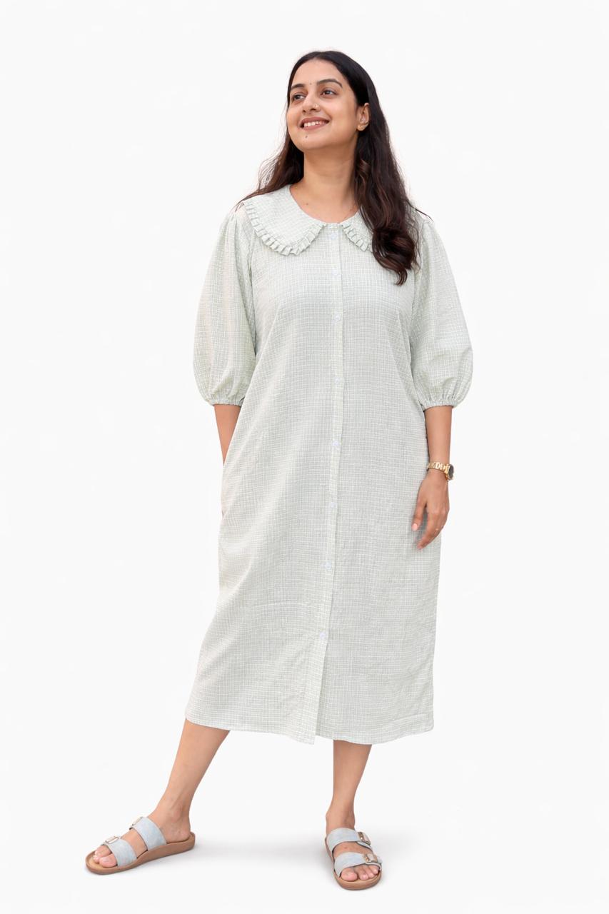 Green Check Printed Peter Pan Long Polo Shirt Dress With Full Openable Buttons | Free Size | 43" length