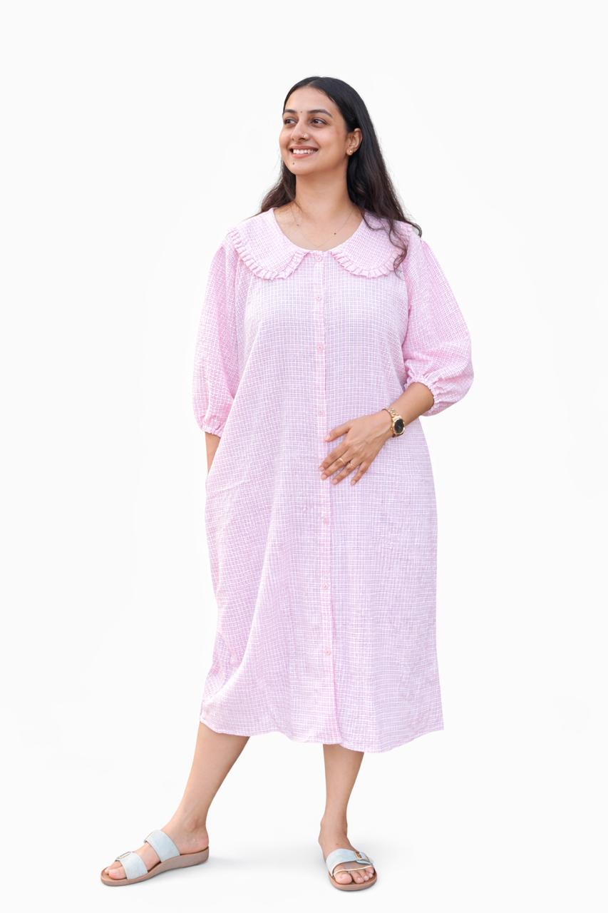 Pink Check Printed Peter Pan Long Polo Shirt Dress With Full Openable Buttons | Free Size | 43" length