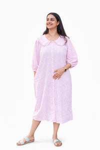 Pink Check Printed Peter Pan Long Polo Shirt Dress With Full Openable Buttons | Free Size | 43" length