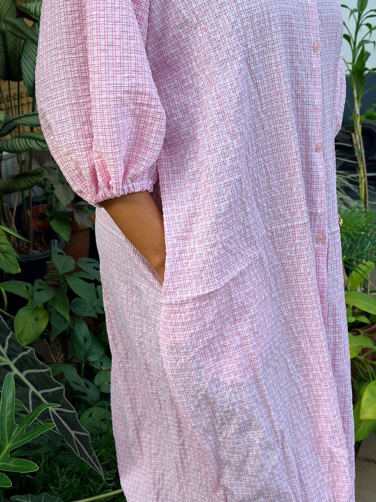 Pink Check Printed Peter Pan Long Polo Shirt Dress With Full Openable Buttons | Free Size | 43" length