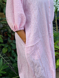 Pink Check Printed Peter Pan Long Polo Shirt Dress With Full Openable Buttons | Free Size | 43" length