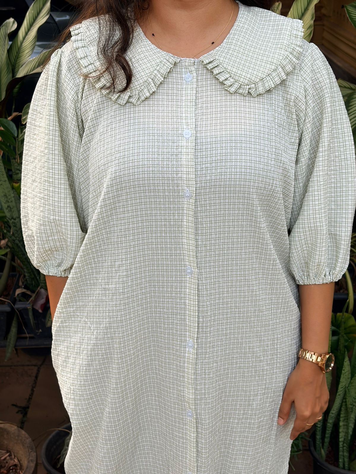 Green Check Printed Peter Pan Long Polo Shirt Dress With Full Openable Buttons | Free Size | 43" length