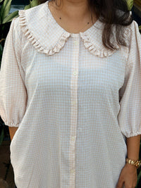 Brown Check Printed Peter Pan Long Polo Shirt Dress With Full Openable Buttons | Free Size | 43" length