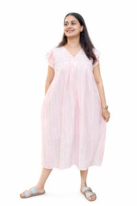 Pastel Peach Stripe Printed V- Neck Ruffle Sleeve Maternity Feeding Dress with Centre Long Invisible Zip | Free Size | 44" length