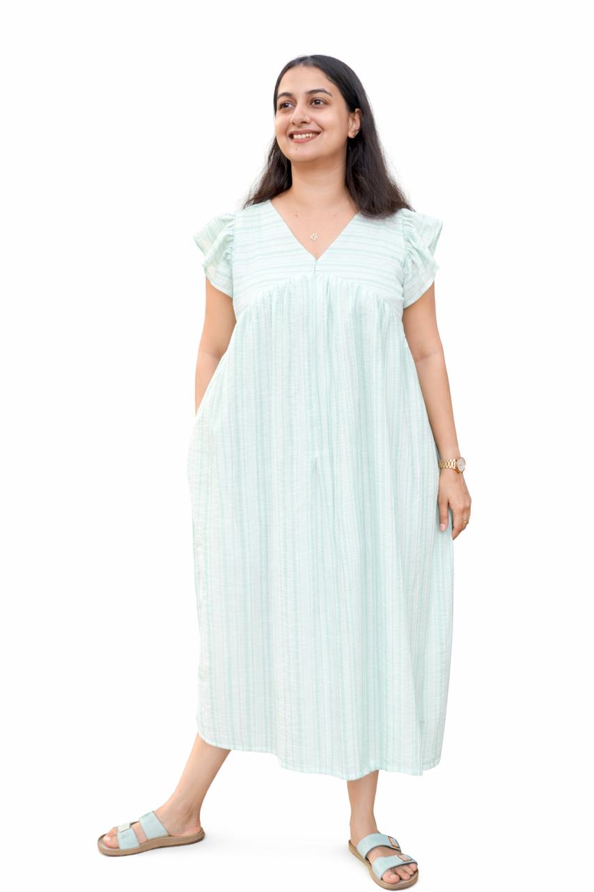 Pastel Blue Stripe Printed V- Neck Ruffle Sleeve Maternity Feeding Dress with Centre Long Invisible Zip | Free Size | 44" length
