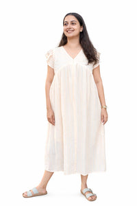 Pastel Orange Stripe Printed V- Neck Ruffle Sleeve Maternity Feeding Dress with Centre Long Invisible Zip | Free Size | 44" length