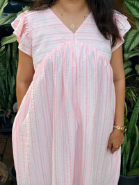 Pastel Peach Stripe Printed V- Neck Ruffle Sleeve Maternity Feeding Dress with Centre Long Invisible Zip | Free Size | 44" length