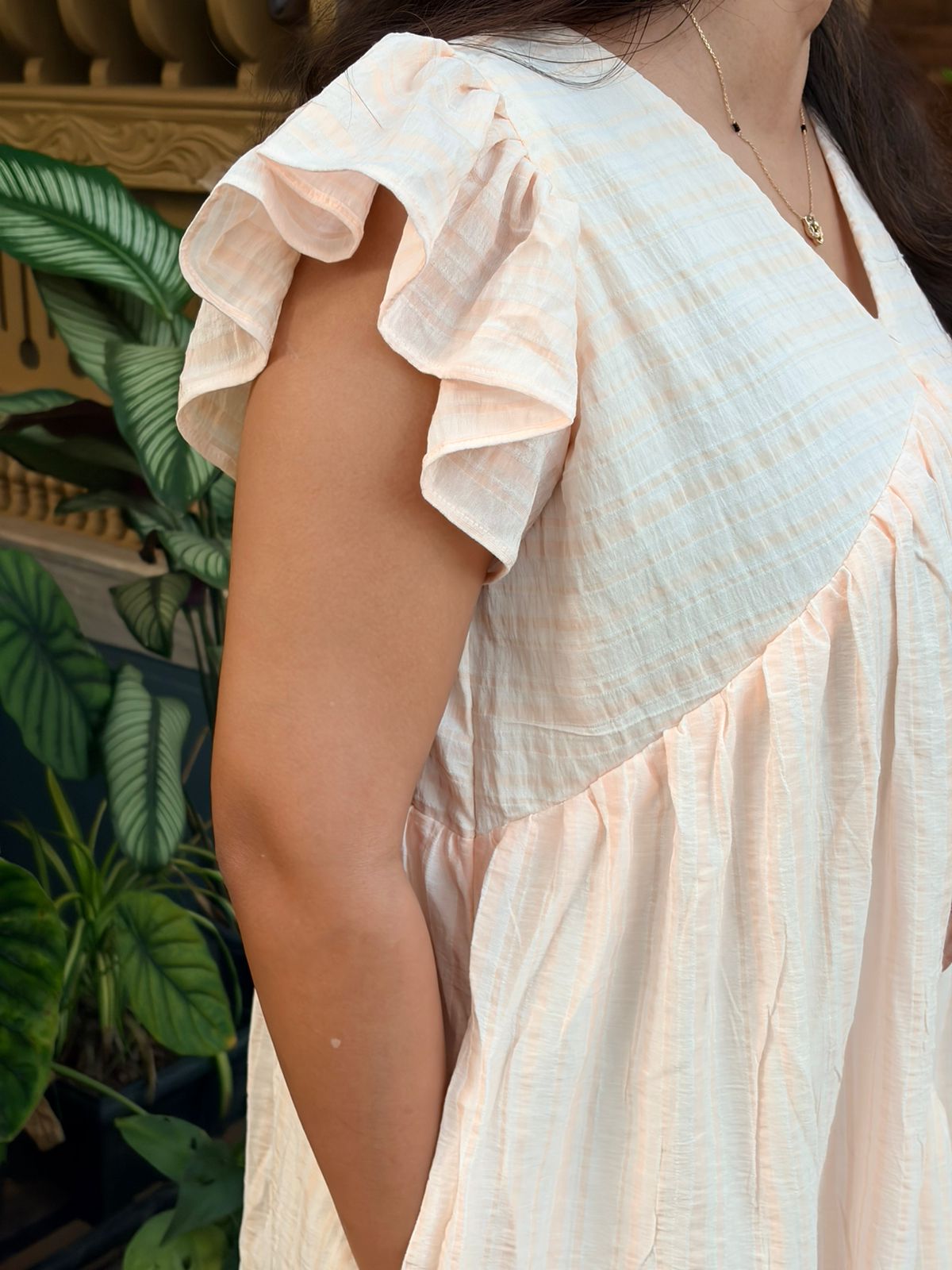 Pastel Orange Stripe Printed V- Neck Ruffle Sleeve Maternity Feeding Dress with Centre Long Invisible Zip | Free Size | 44" length