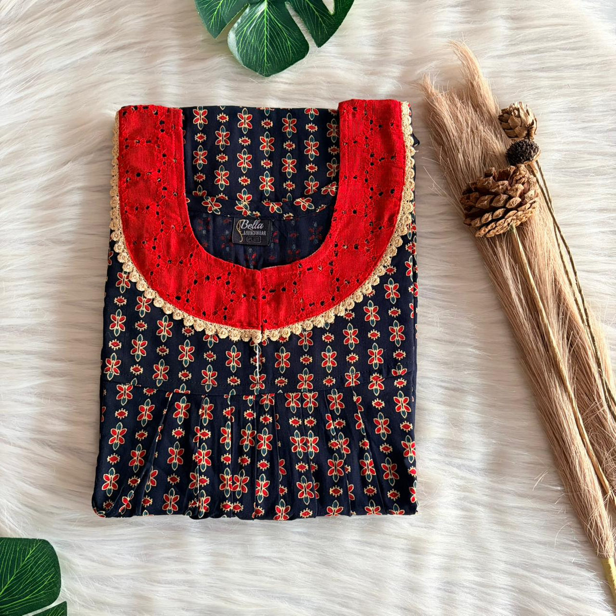 Navy-Blue Floral Gujari Cotton Hakoba Lace Nighty | Free Size | Chest Width 44″| Length 54″-56″