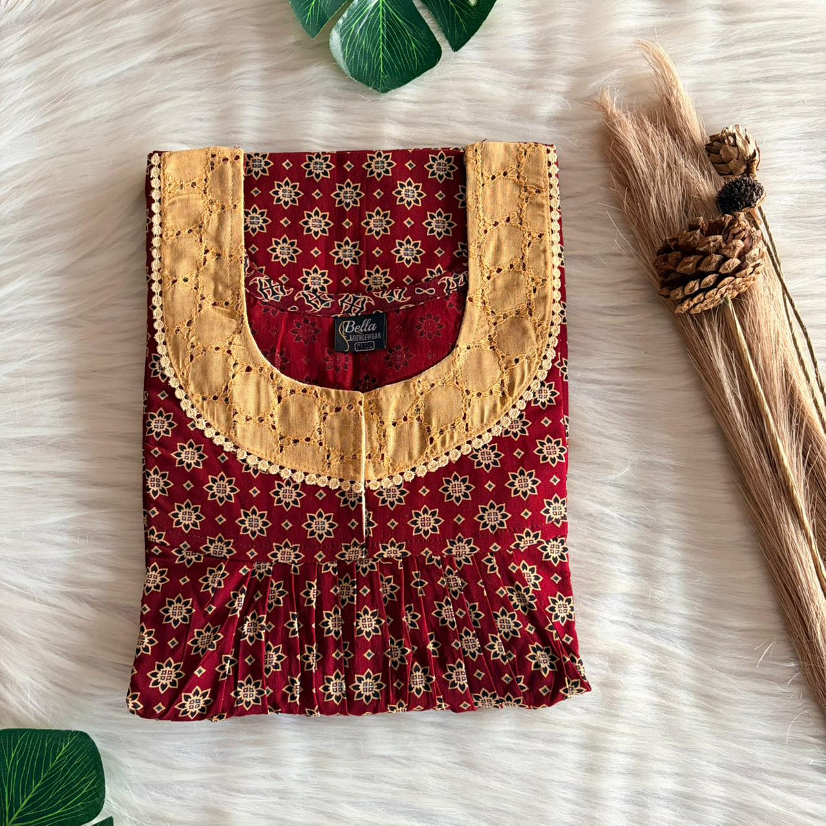 Maroon Floral Printed Gujari Cotton Hakoba Lace Nighty | Free Size | Chest Width 44″| Length 54″-56″