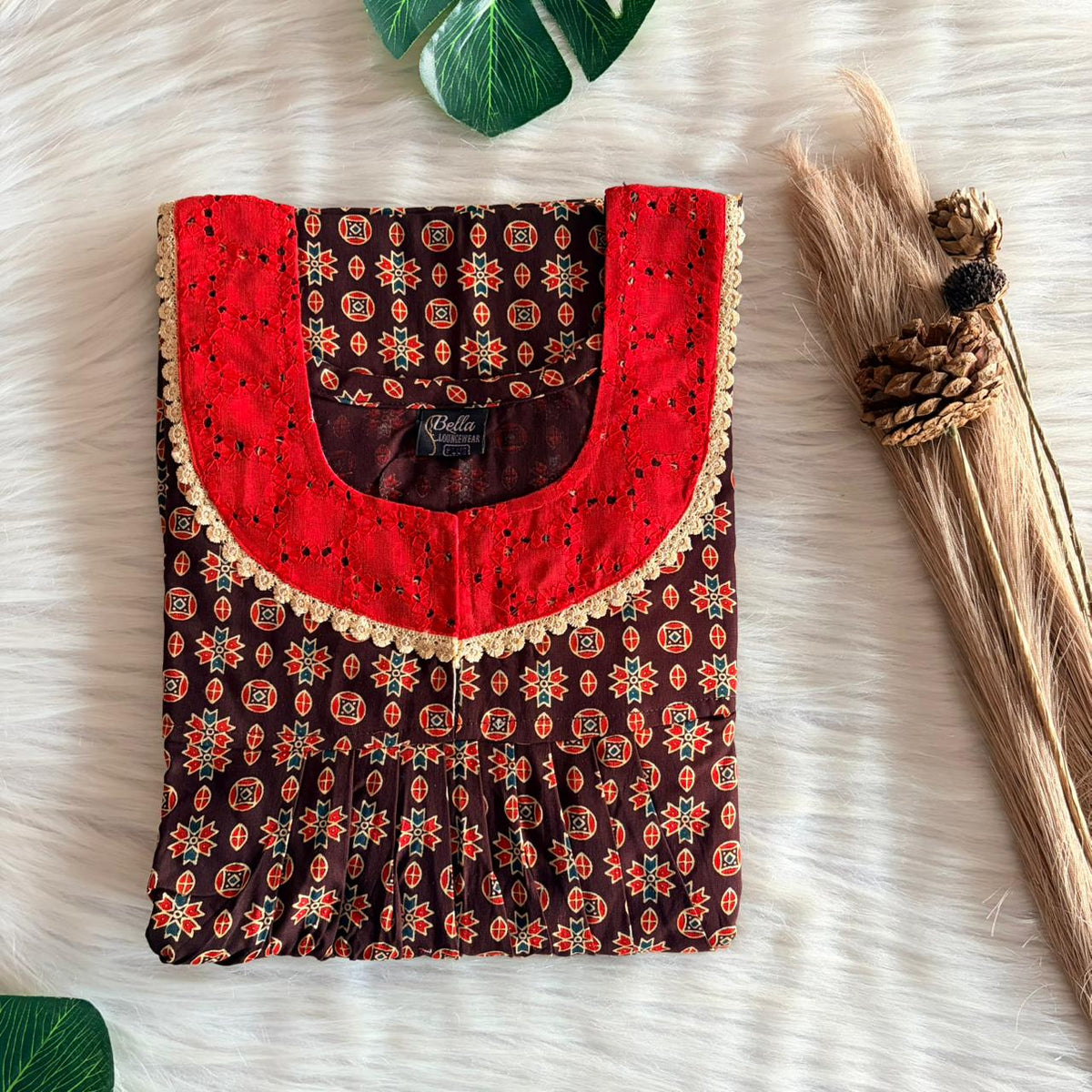 Coffee Brown Printed Gujari Cotton Hakoba Lace Nighty | Free Size | Chest Width 44″| Length 54″-56″
