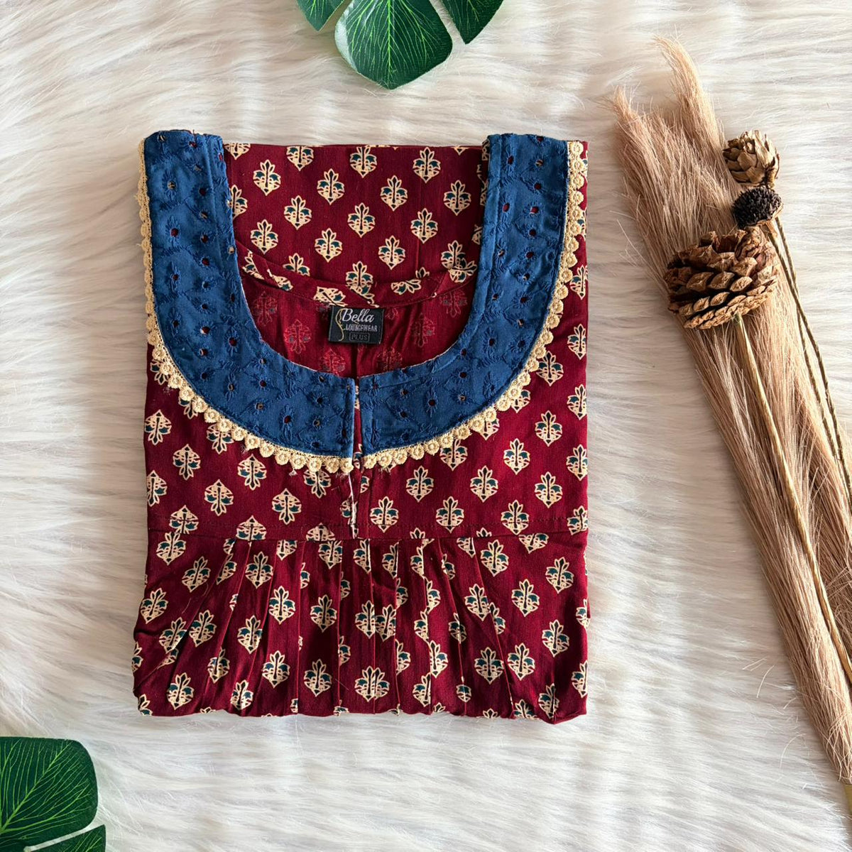 Maroon Ajrakh Printed Gujari Cotton Hakoba Lace Nighty | Free Size | Chest Width 44″| Length 54″-56″