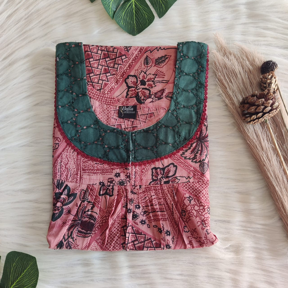 Peach And Green Printed Premium Cotton Hakoba Lace Nighty | Free Size | Chest Width 44″| Length 54″-56″